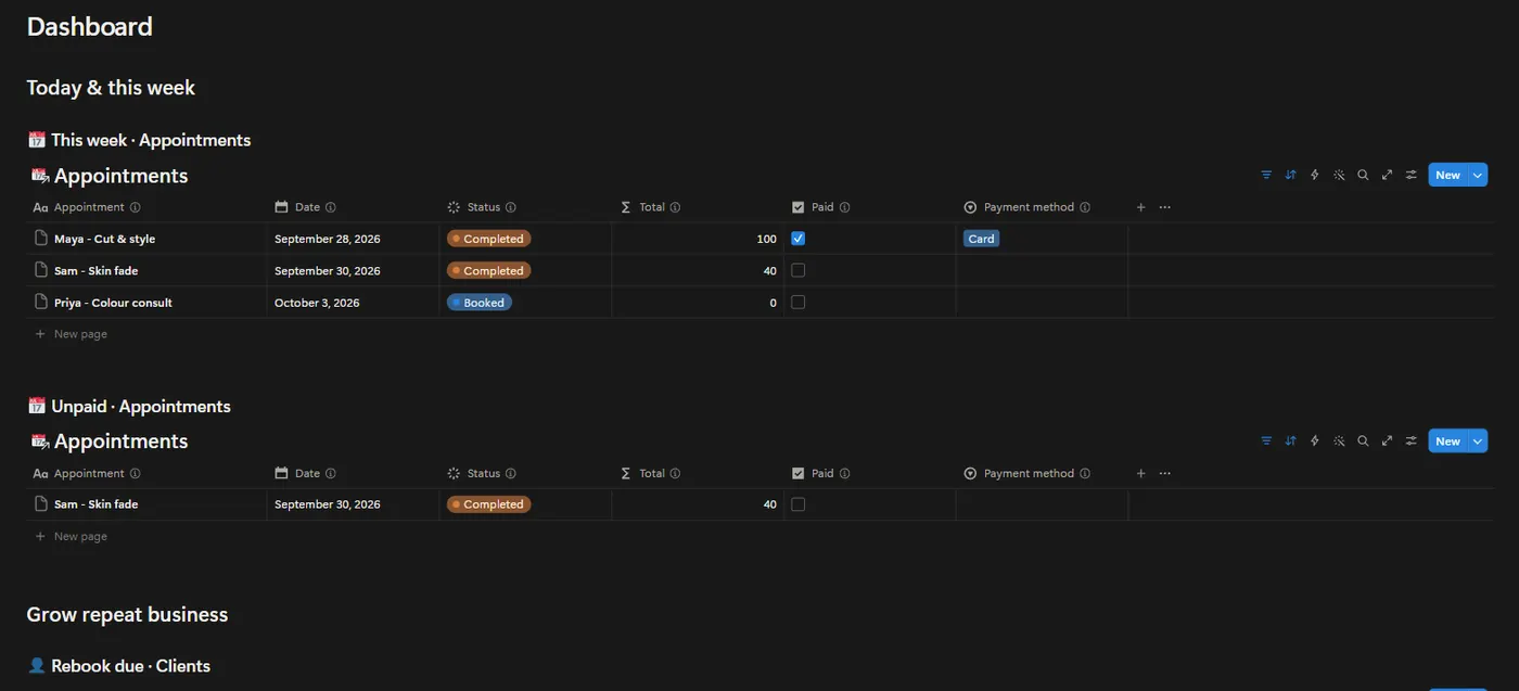 The Appointment Studio OS dashboard in Notion with example data