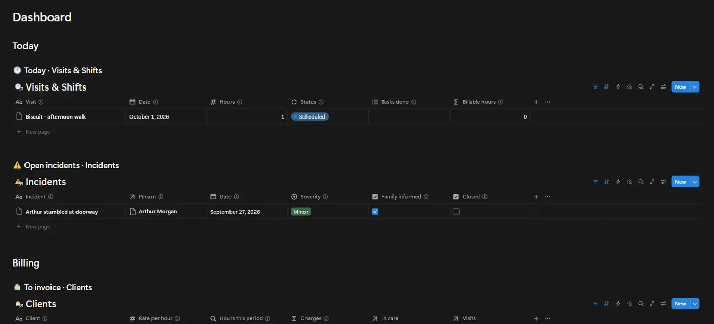 The Care Services OS dashboard in Notion with example data