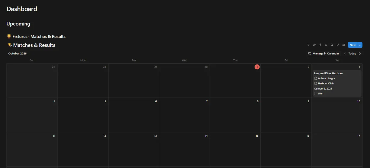 The Sports & Competition OS dashboard in Notion with example data
